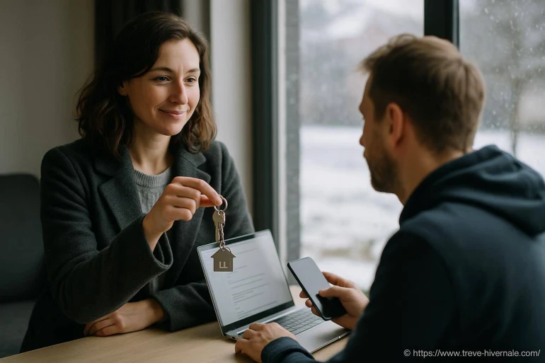 Femme remet clés maison homme ordinateur