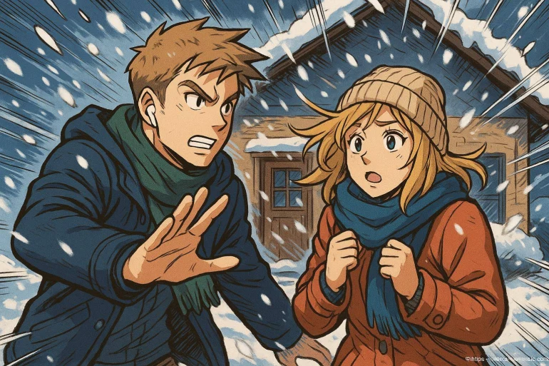 Jeune homme et femme surpris dans la neige