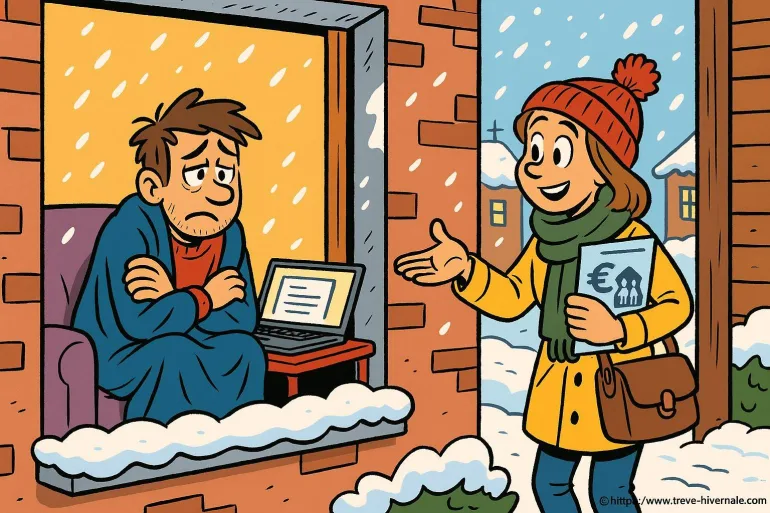 Homme triste à la fenêtre femme souriante hiver