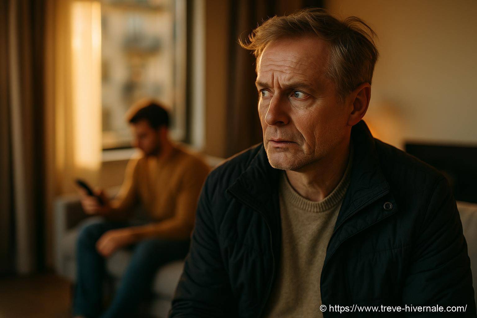 homme inquiet regardant à côté assis en intérieur