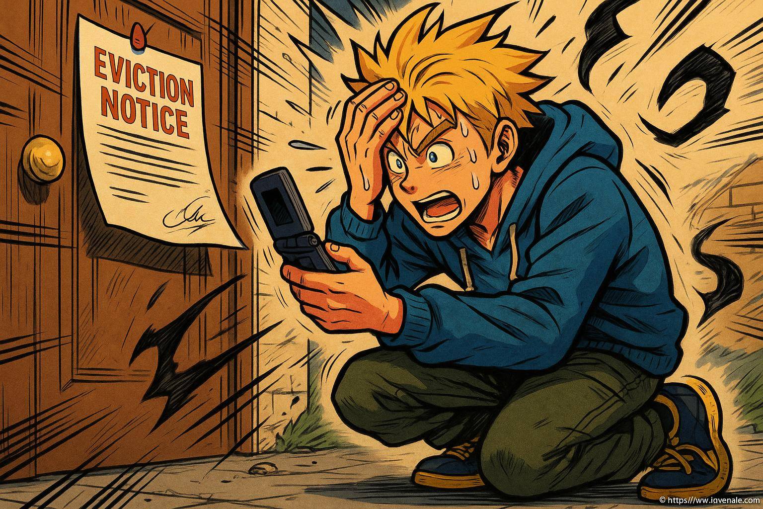 jeune homme surpris devant avis d'expulsion