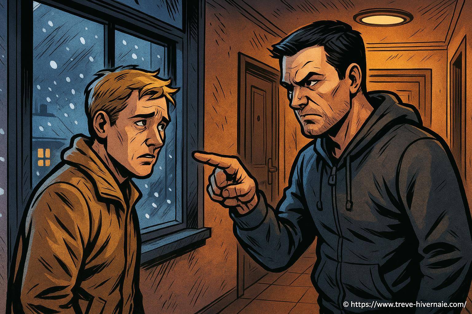 Conflit intense entre deux hommes dans un couloir